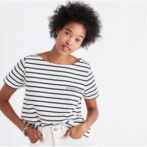 Madewell Striped Embroidered Staycation Crop Tee Size Large